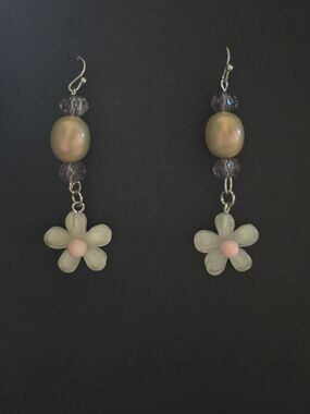 Floral Drop Earrings with Pale Green Petals and Pink Center